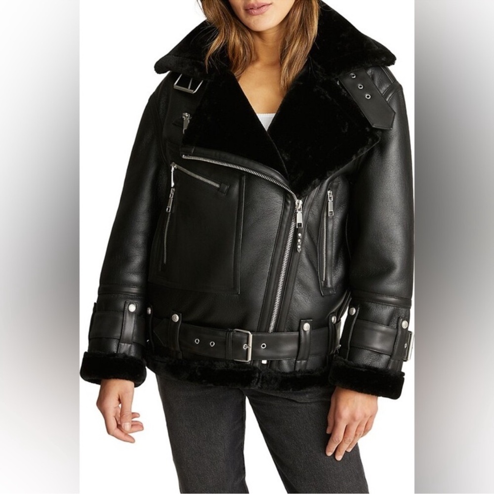 NWT REBECCA MINKOFF Black Faux Leather Oversized Shearling Moto Jacket - Picture 2 of 5